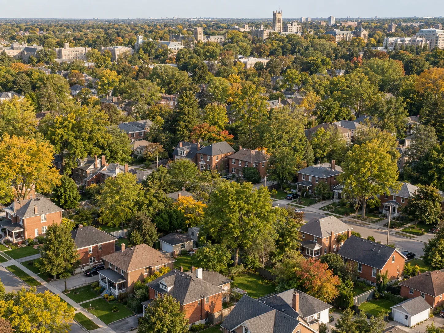 Tree lined streets of brick homes near Western University