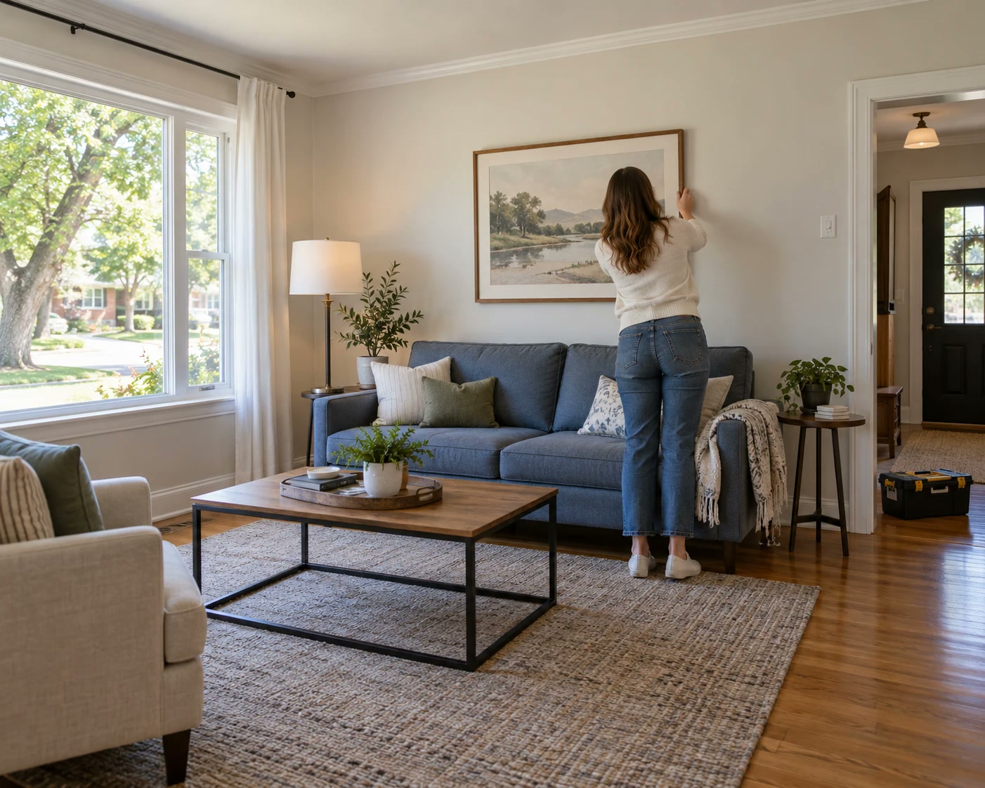 A homeowner hanging art in a freshly staged living room