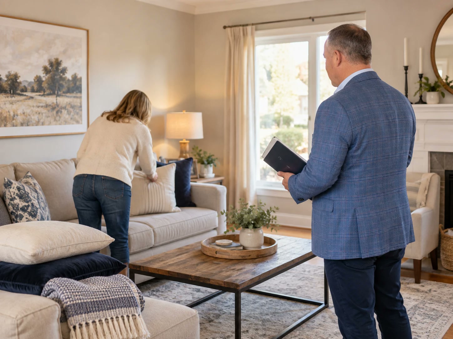Dan Hinschberger with a homeowner getting her living room ready to list
